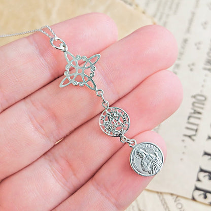 Colgante Triple Protector S925: Nudo de Bruja, Tetragramatón y San Judas Tadeo