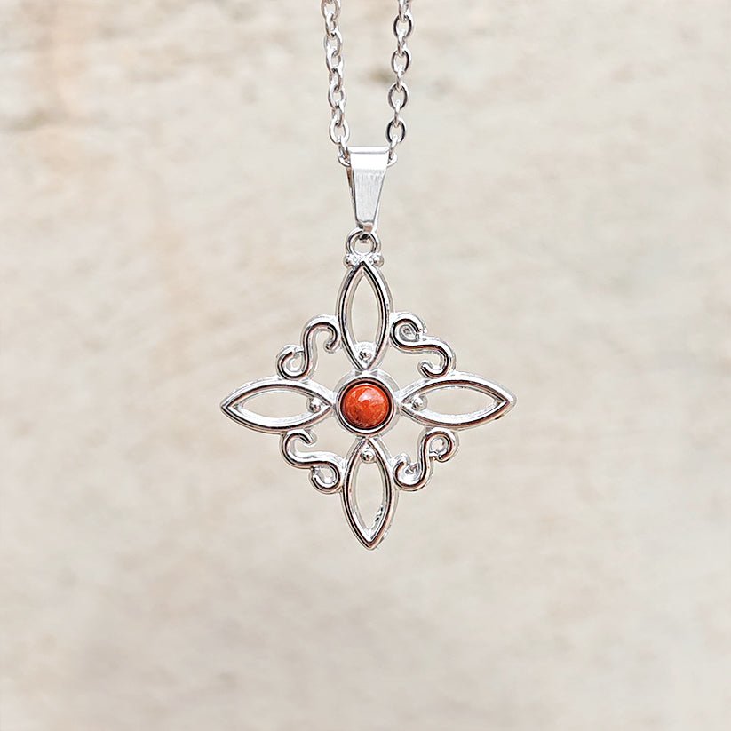 Collar Nudo de Bruja Acero Inox. con Jaspe Rojo