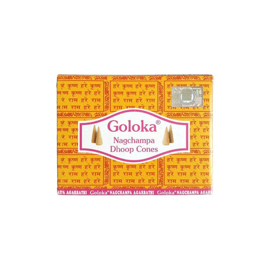 Conos de incienso Goloka Nag Champa en caja con 10 unidades, aroma floral y relajante para ambientar espacios.