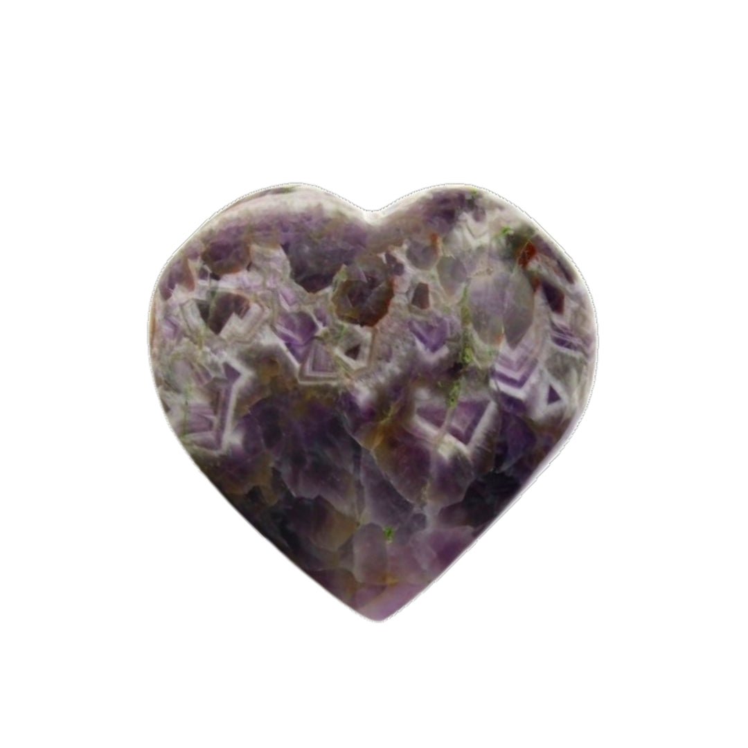 Figura geométrica de corazón de amatista de la marca Mystical Tienda, con cristales morados y detalles brillantes.