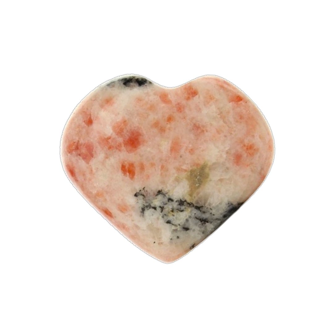 Figura geométrica de corazón de piedra de sol de la marca Mystical Tienda, muestra detalles de la piedra y forma en la imagen.