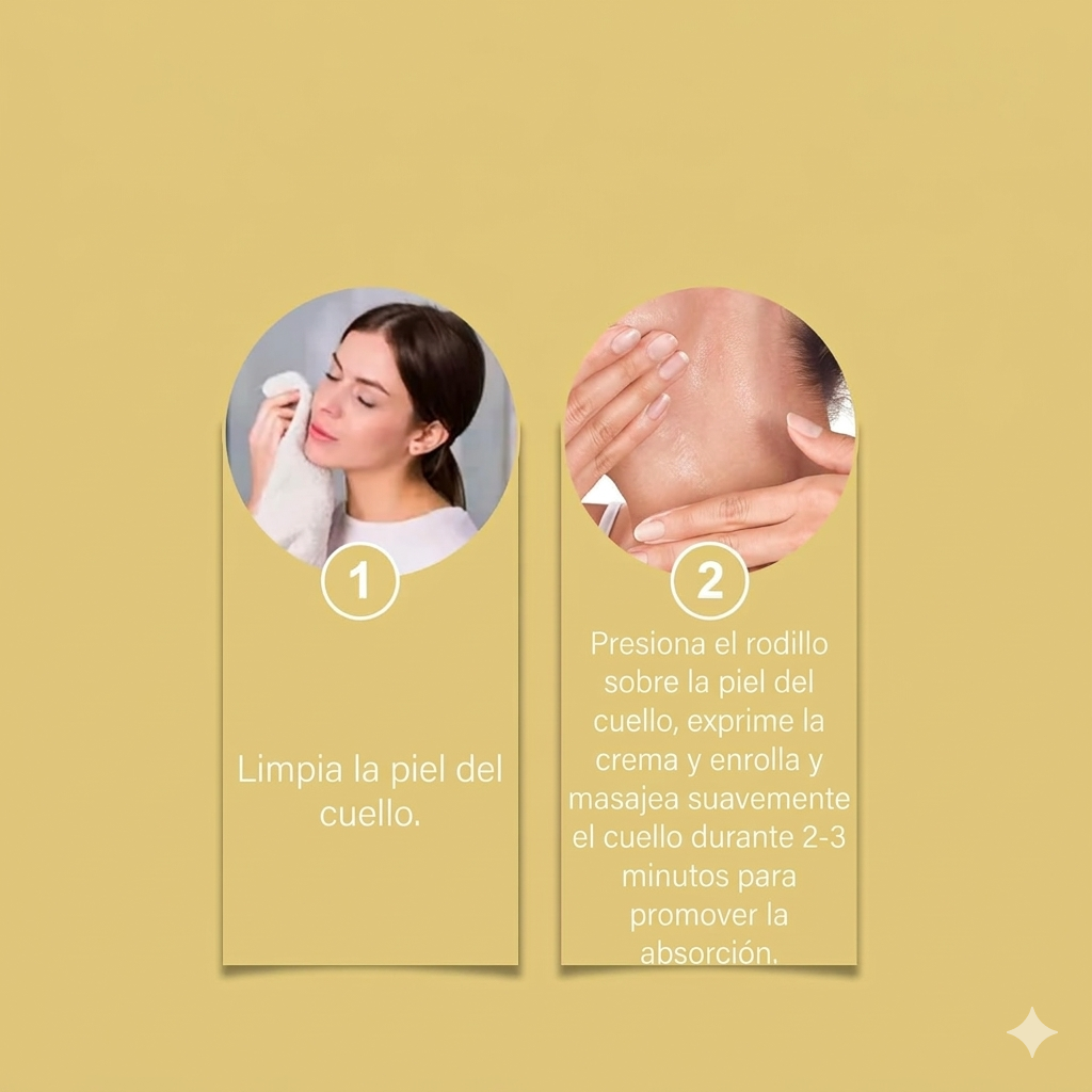 Crema hidratante reafirmante de cuello y escote con ácido hialurónico y ceramidas en frasco con aplicador de doble rodillo V-Shape.