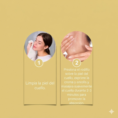Crema hidratante reafirmante de cuello y escote con ácido hialurónico y ceramidas en frasco con aplicador de doble rodillo V-Shape.