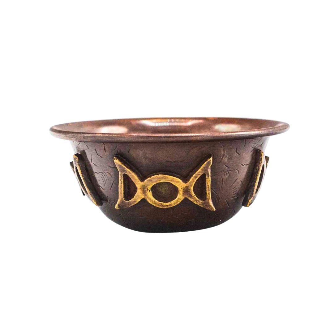 Incensario de cobre triple luna de Mystical Tienda, con diseño elaborado para quemar incienso y decorar espacios espirituales.