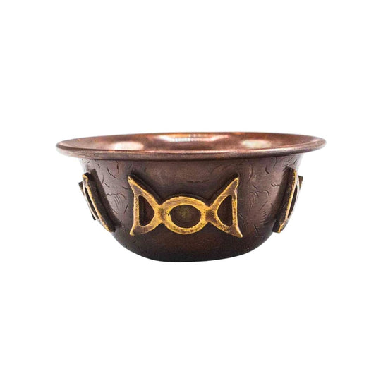 Incensario de cobre triple luna de Mystical Tienda, con diseño elaborado para quemar incienso y decorar espacios espirituales.