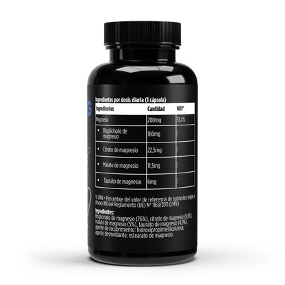Suplemento Magnesio Complex 4 de BORNSTRONG FITNESS, para nervios, energía y prevenir calambres, en envase con cápsulas.