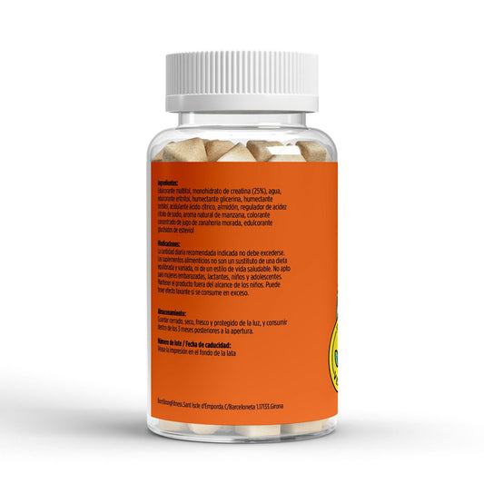 Gominolas de creatina BORNSTRONG FITNESS para fuerza y rendimiento, muestra las gominolas en una mano con fondo neutro