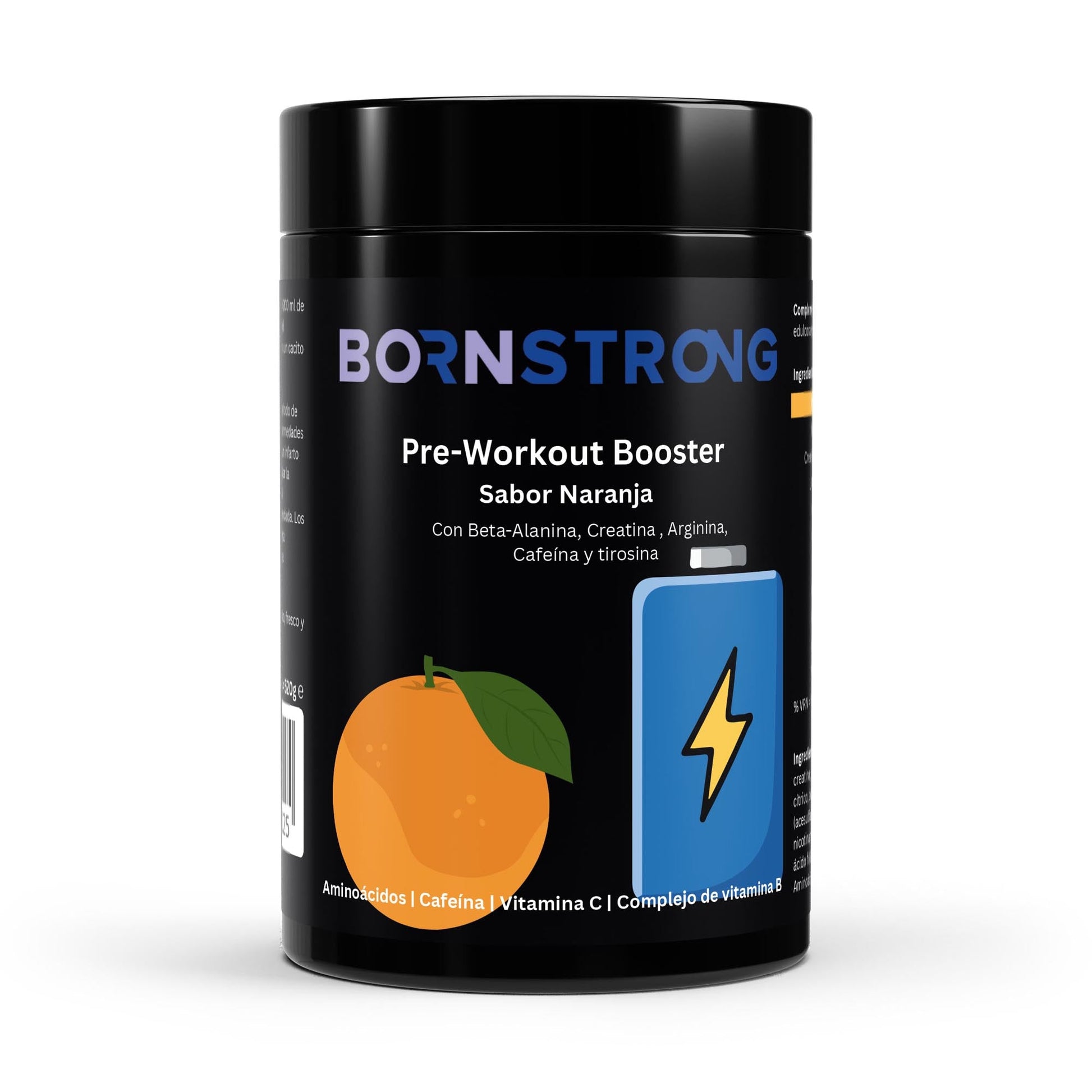 Suplemento de pre-entreno en polvo sabor naranja de BORNSTRONG FITNESS, 520g, con polvo de color anaranjado y envase con etiqueta.