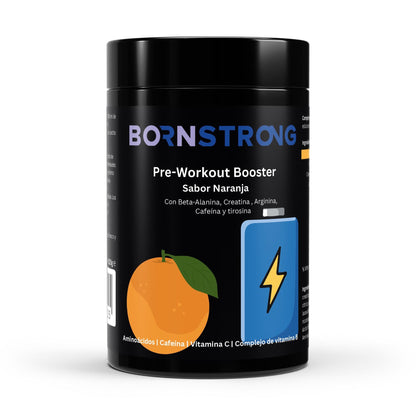 Suplemento de pre-entreno en polvo sabor naranja de BORNSTRONG FITNESS, 520g, con polvo de color anaranjado y envase con etiqueta.