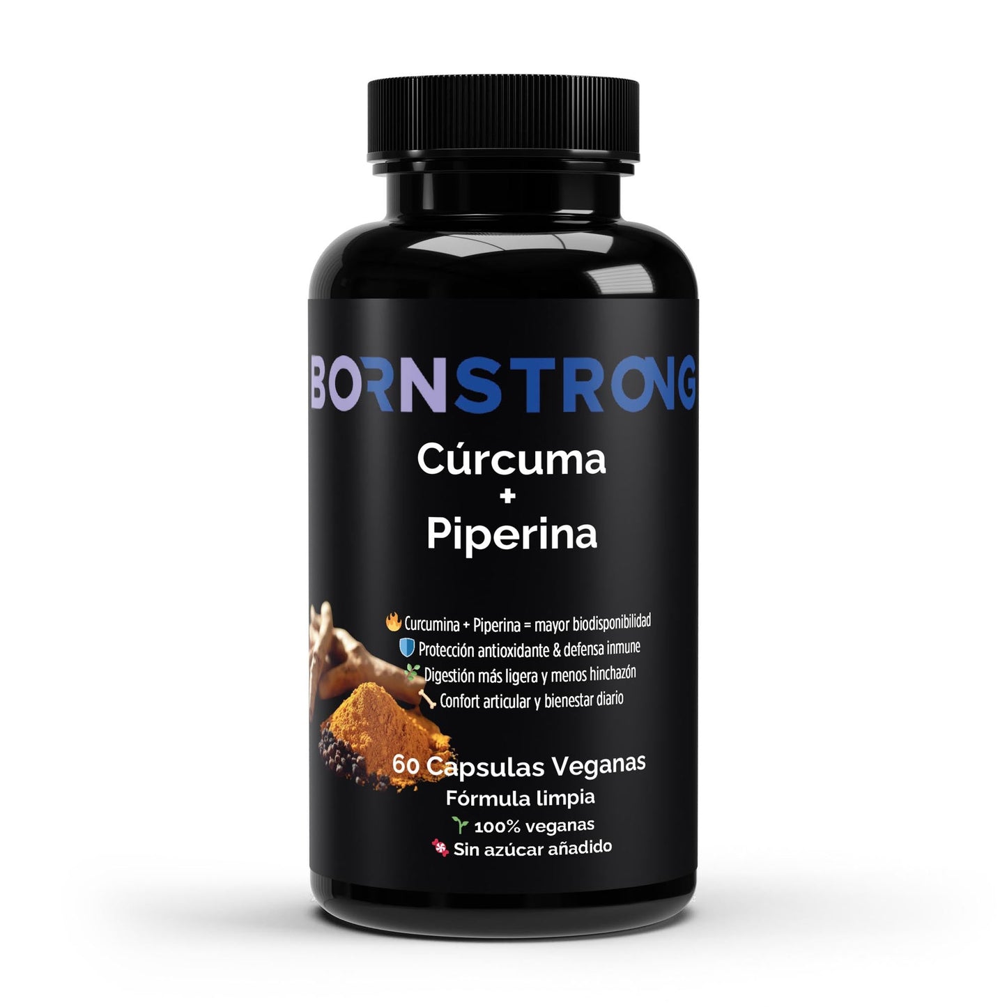 Suplemento BORNSTRONG FITNESS de cúrcuma y piperina para inflamación, digestión y defensas naturales, en cápsulas.