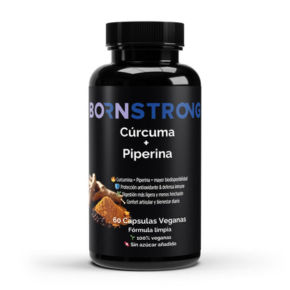 Suplemento BORNSTRONG FITNESS de cúrcuma y piperina para inflamación, digestión y defensas naturales, en cápsulas.