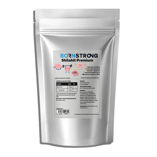 Polvo de Shilajit BORNSTRONG FITNESS con 5% ácido fúlvico, para energía profunda y mejora del rendimiento mental.