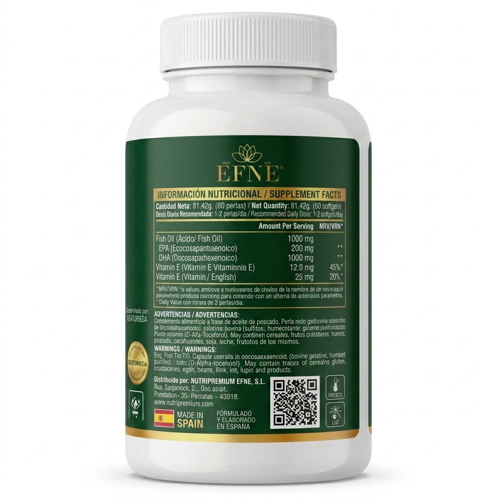 Suplemento de Omega 3 DHA Plus EFNE en perlas con certificación IFOS, forma de triglicérido para salud cerebral y cardiovascular.