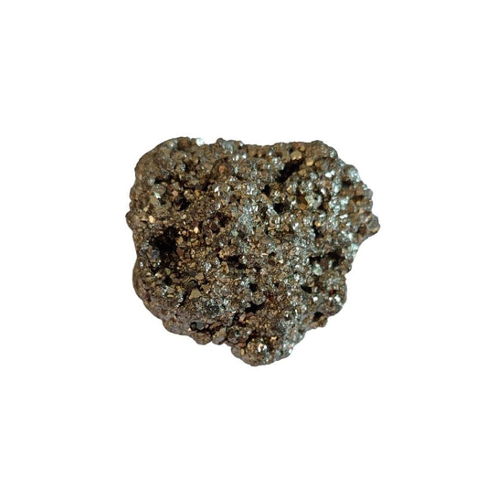 Drusa de pirita chispa bruta de Mystical Tienda, mineral con cristales dorados y superficie brillante, ideal para colección y energías positivas.