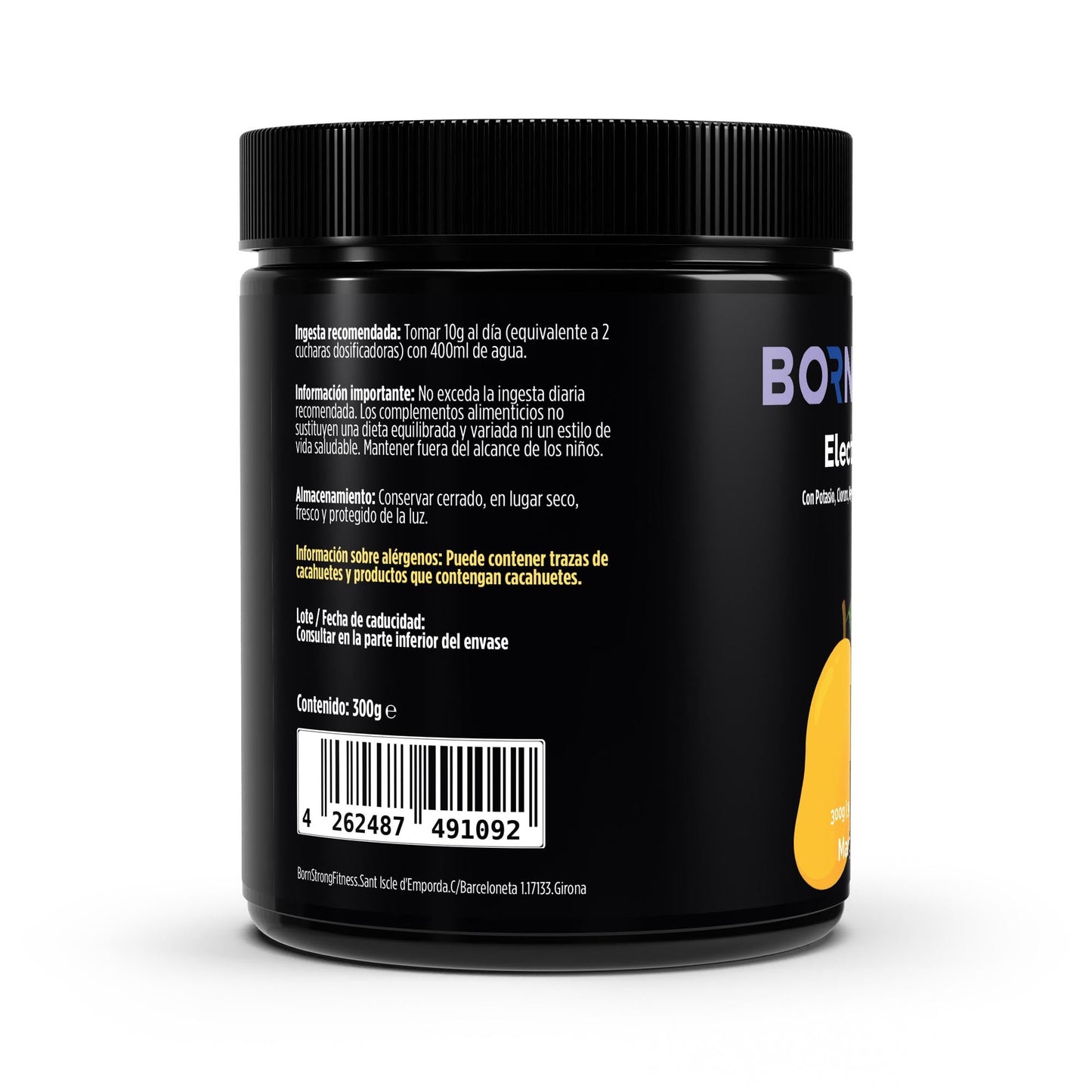 Electrolito Tropical Mango de BORNSTRONG FITNESS, polvo en envase de 300g, con sabor a mango y frutas tropicales.