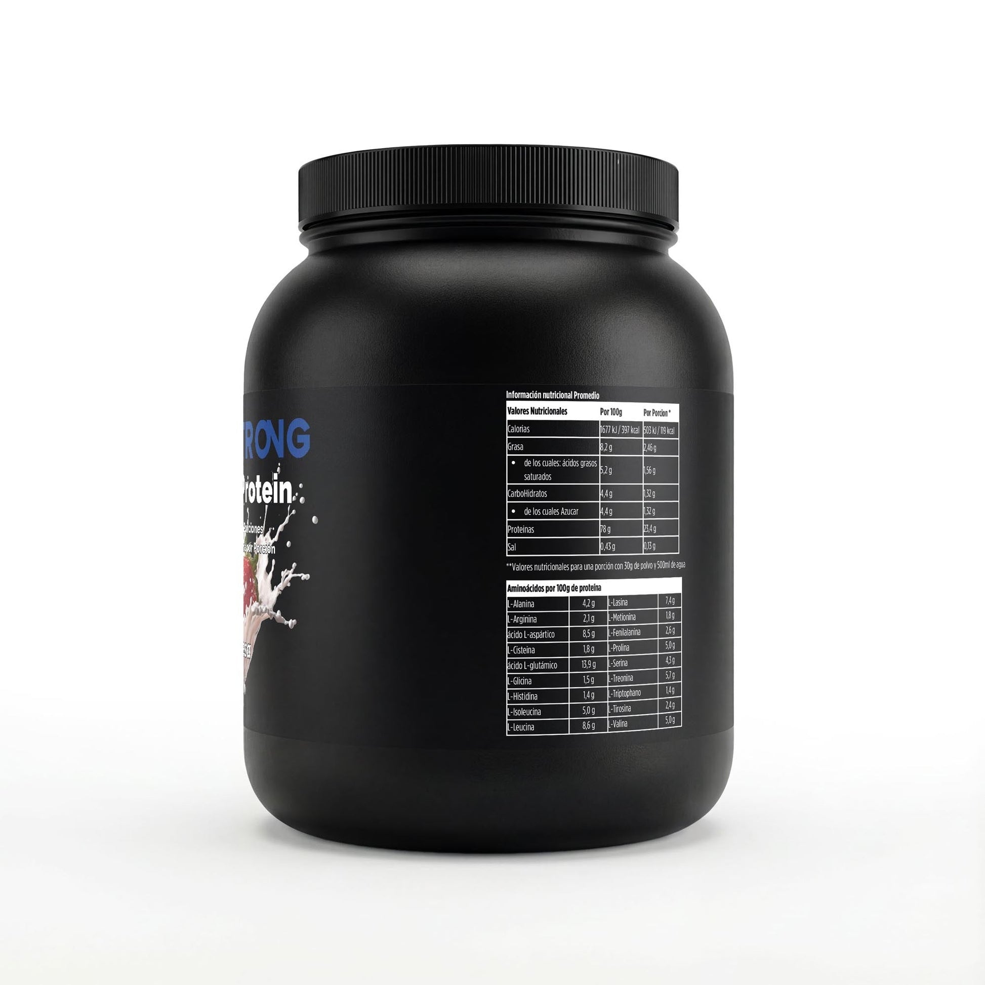 Proteína de suero premium de fresa de BORNSTRONG FITNESS, envase con polvo de proteína limpia al 97%.