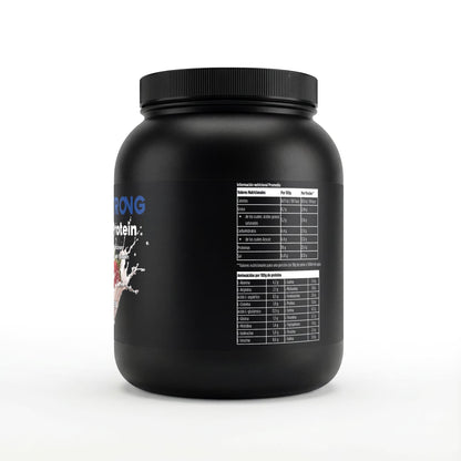 Proteína de suero premium de fresa de BORNSTRONG FITNESS, envase con polvo de proteína limpia al 97%.