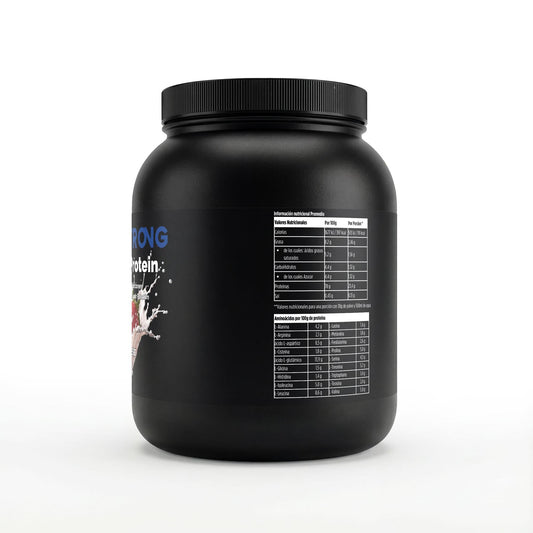 Proteína de suero premium de fresa de BORNSTRONG FITNESS, envase con polvo de proteína limpia al 97%.