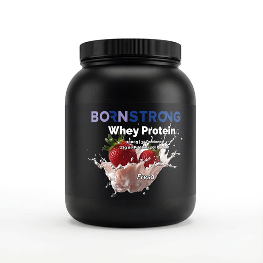 Suplemento de proteína de suero premium sabor fresa, de BORNSTRONG FITNESS, con 97% de proteína limpia en envase con polvo rosado