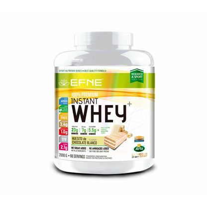 Proteína Whey EFNE Huesito Choco Blanco en bote con polvo de proteína de sabor chocolate blanco y envase blanco.