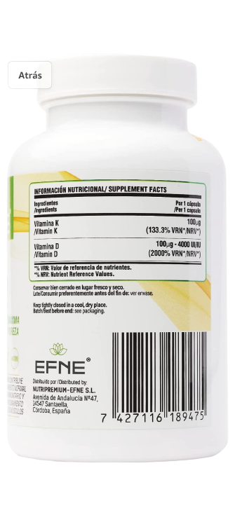 VITAMINA D3 + K2 4000ui con MK-7 Natural ( Extracto de Natto ) (Sistema inmune Top, Apatía, Cansancio)