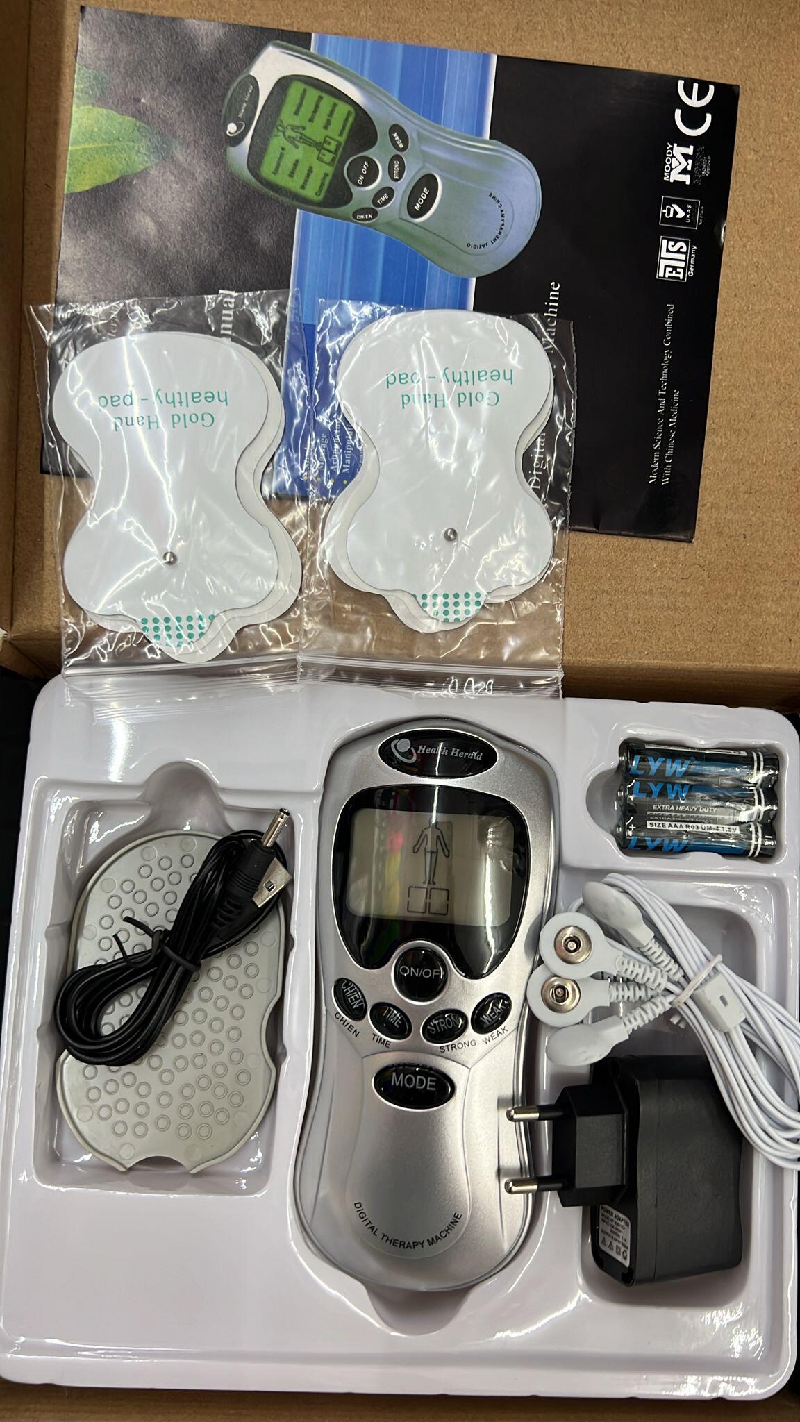 Electroestimulador digital portátil de innovagizmo con pantalla y controles, ideal para terapia muscular y alivio del dolor.