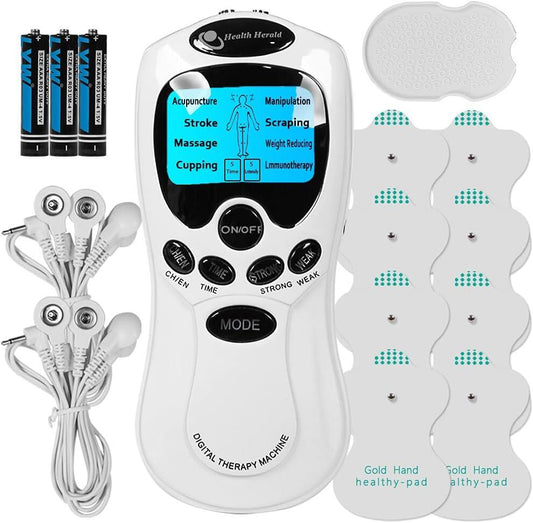Electroestimulador digital portátil innovagizmo con pantalla y controles, diseñada para terapia muscular y alivio del dolor.