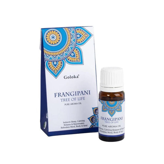 Esencia de frangipani Goloka en botella pequeña, aroma floral y aromático para difusor o ambientador, de la marca Mystical Tienda.