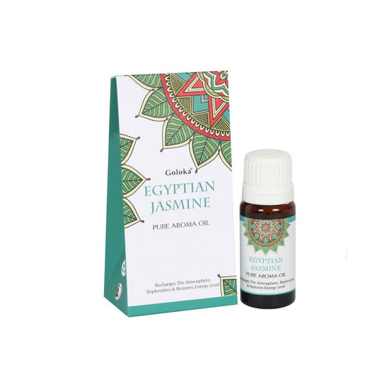 Esencia de jazmín egipcio Goloka en frasco, aroma floral y aromático para ambientes y rituales espirituales.