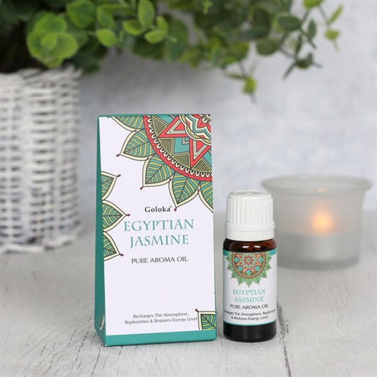 Esencia de jazmín egipcio Goloka en frasco, aroma floral y aromático para difusores o rituales espirituales.