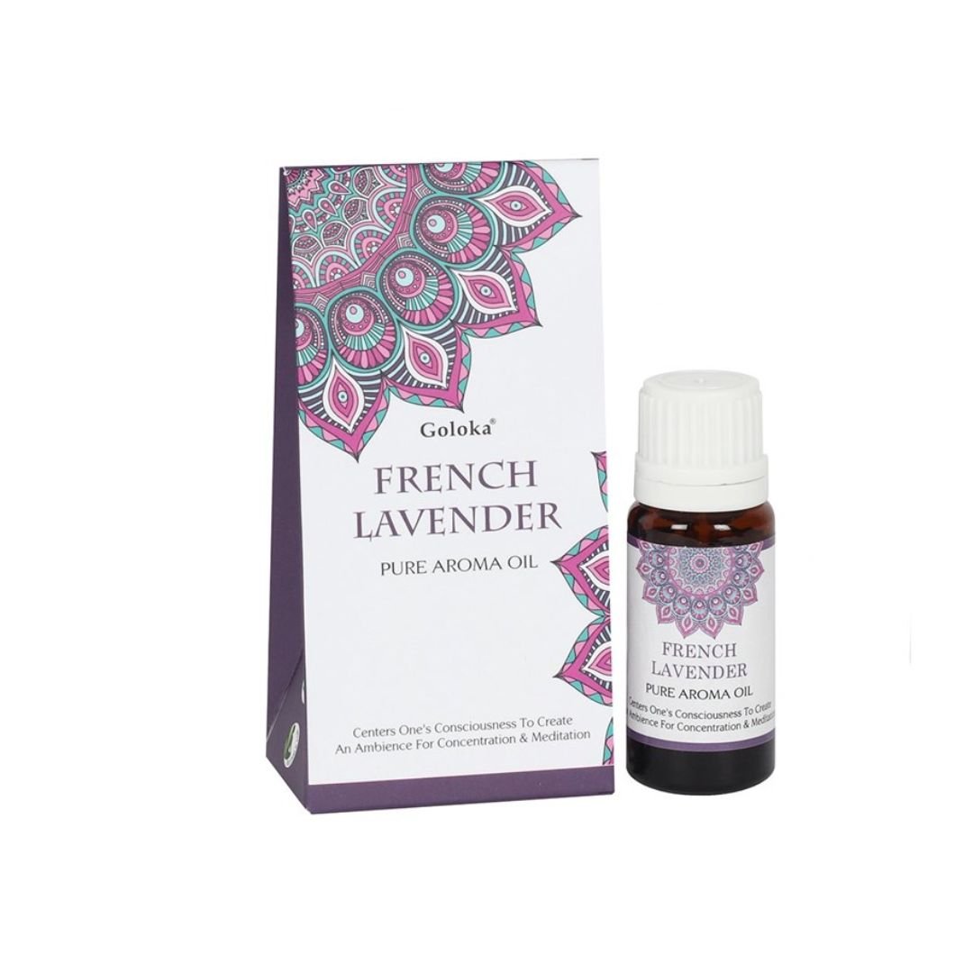 Esencia de lavanda Goloka en botella de vidrio, fragancia relajante y aromática para difusores y aromaterapia.