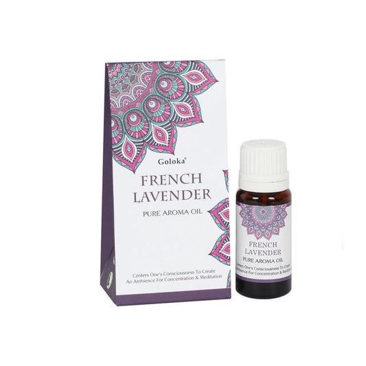 Esencia de lavanda Goloka en botella de vidrio, fragancia relajante y aromática para difusores y aromaterapia.