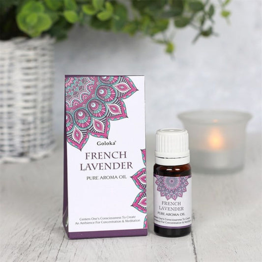 Esencia de lavanda Goloka en botella, aroma relajante de lavanda para aromaterapia y bienestar.