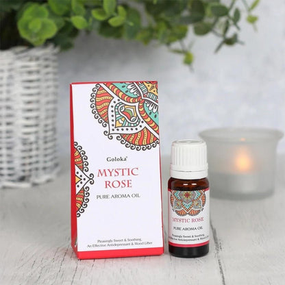 Esencia de rosa mística Goloka en frasco, aroma floral suave y delicado, ideal para aromaterapia y uso espiritual.
