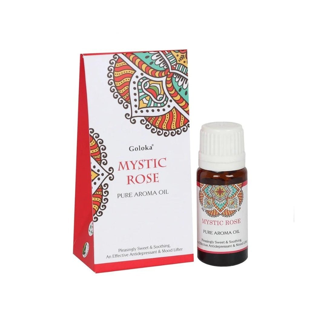 Esencia de rosa mística Goloka en frasco, aroma floral suave, ideal para aromaterapia y ambientes relajantes.