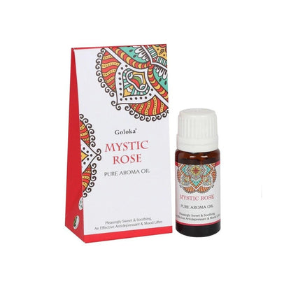 Esencia de rosa mística Goloka en frasco, aroma floral suave, ideal para aromaterapia y ambientes relajantes.