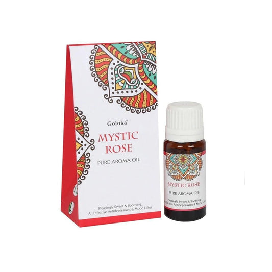 Esencia de rosa mística Goloka en frasco, aroma floral suave, ideal para aromaterapia y ambientes relajantes.