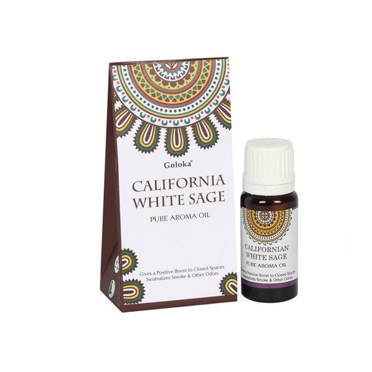 Esencia de Salvia Blanca Goloka en frasco, utilizada para aromaterapia y rituales, presenta un líquido transparente y aroma suave.