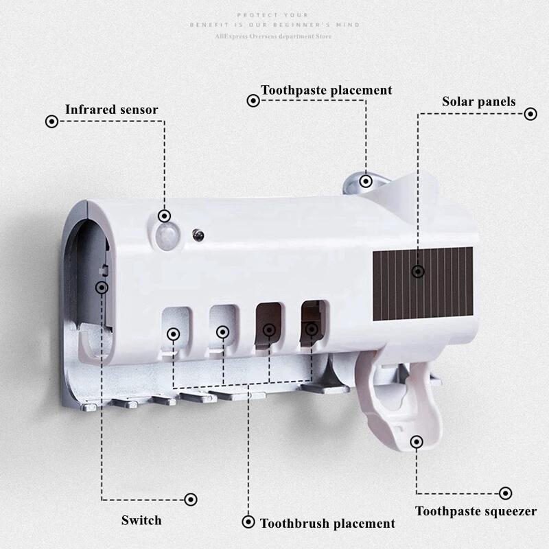 Esterilizador UV 3 en 1 para cepillos de dientes con dispensador de pasta, compacto y eficiente para higiene bucal.