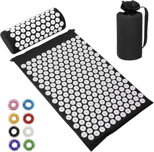 Esterilla de acupresión negra para aliviar el estrés y el dolor, con puntos de acupresión para terapia natural.
