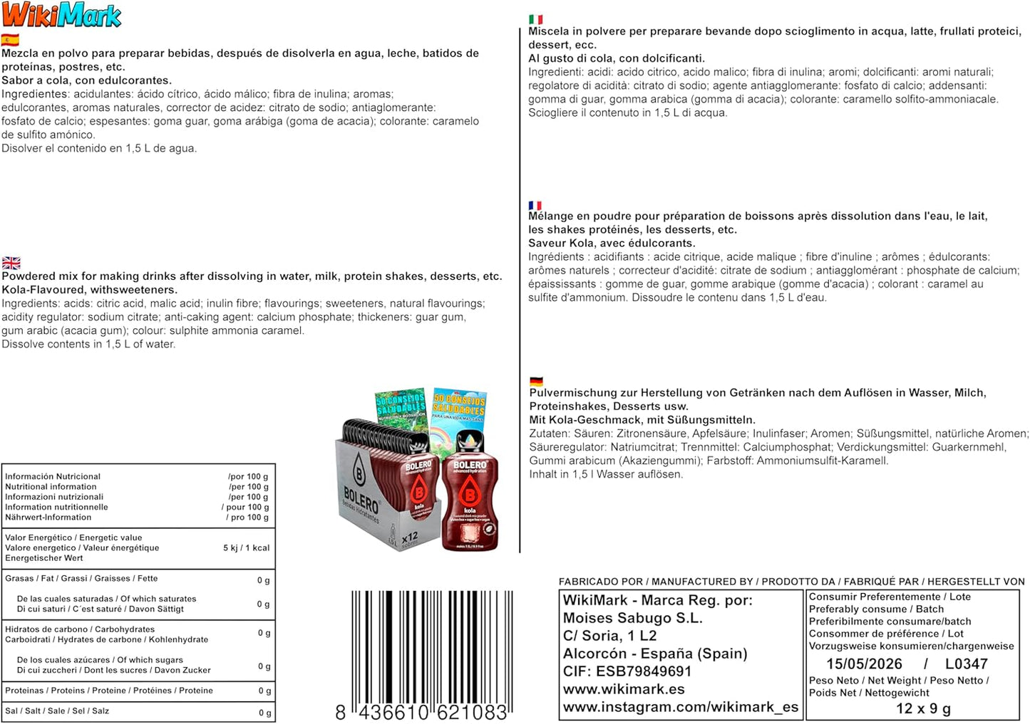 Lote Bebida Bolero (12 x 9 Gr) Sabor COLA Hidratante con Vitamina C, Sin Azúcar + Tarjeta con 100 Consejos Saludables y Vida Sana x WikiMark (12 Sobres + Tarjeta 100 Consejos, COLA (KOLA))