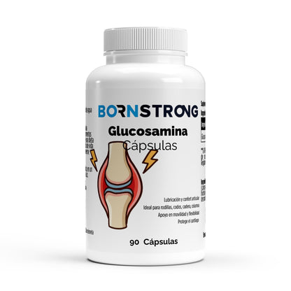 Cápsulas de glucosamina 500 mg de BORNSTRONG FITNESS, suplemento para articulaciones en envase de 90 cápsulas.