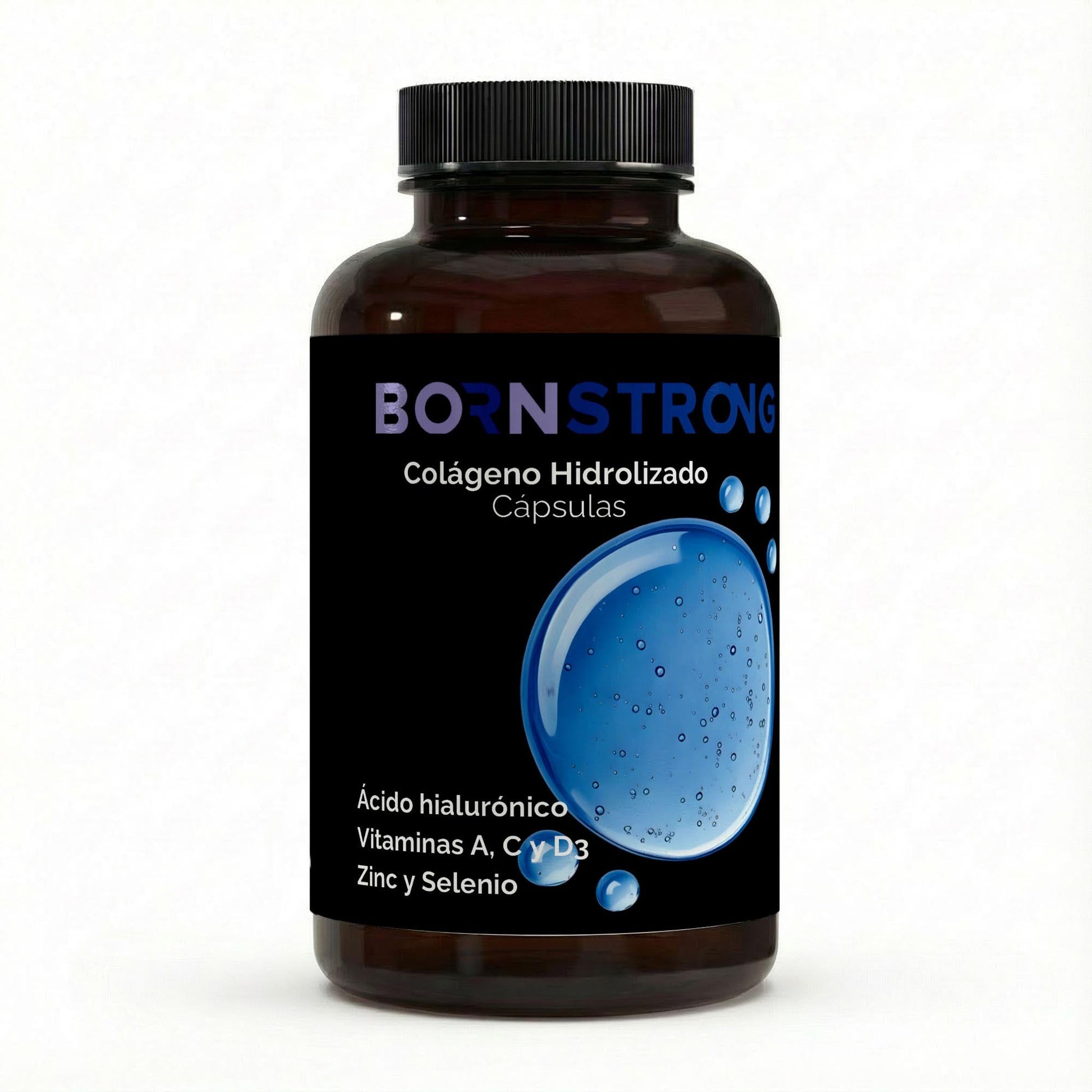 Cápsulas de colágeno hidrolizado premium PLUS de BornStrong Fitness, 180 cápsulas, suplemento para la salud de la piel y articulaciones.
