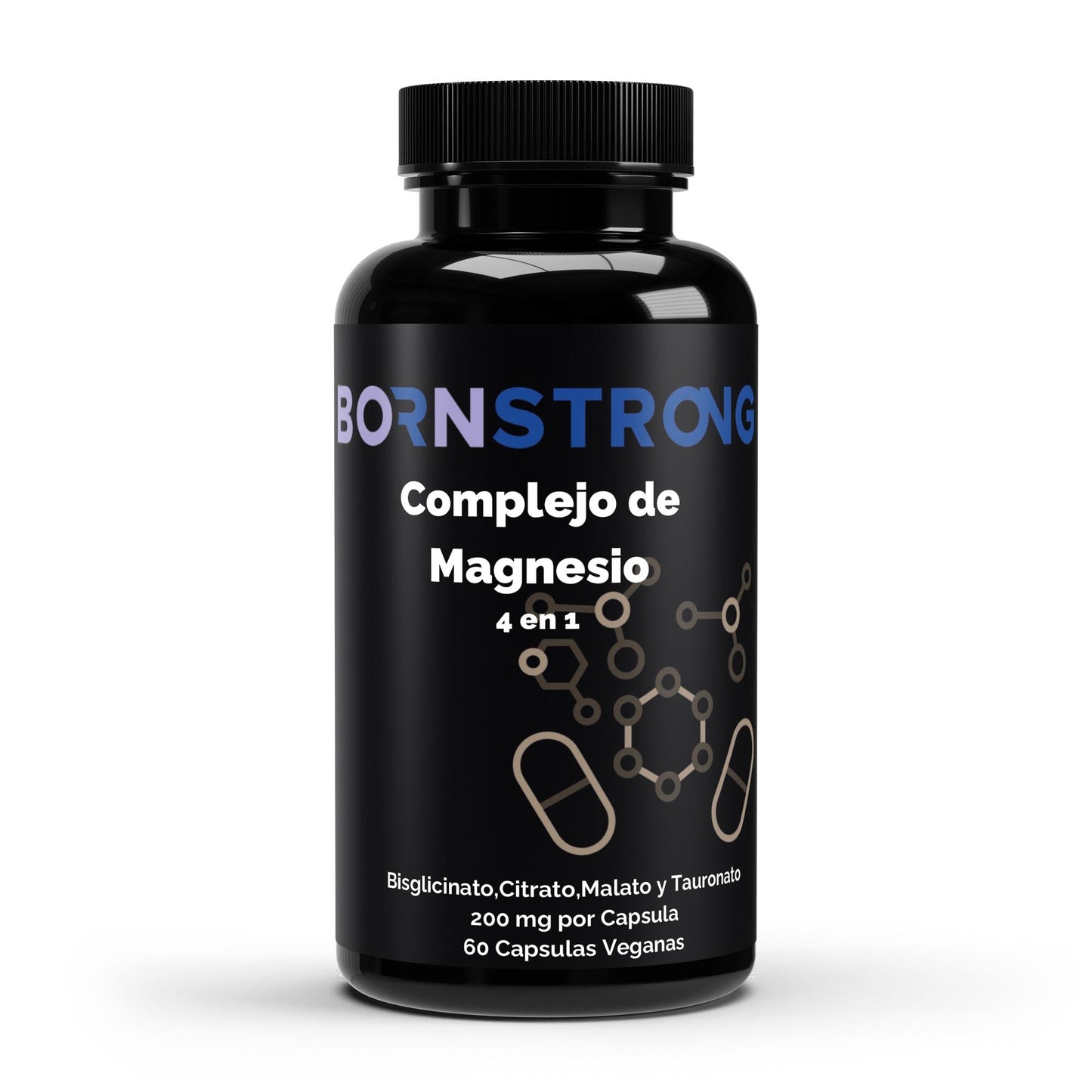 Complemento Magnesio Complex 4 de BORNSTRONG FITNESS, envase con cápsulas para relajar sistema nervioso y reducir calambres.