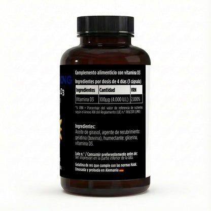 Suplemento de vitamina D3 4000 IU de BORNSTRONG FITNESS en 180 softgels, vitamina para fortalecer huesos y sistema inmunológico.