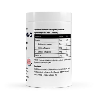 Suplemento BORNSTRONG FITNESS Magnesium Complex + Vitamina B6 para recuperación y relajación muscular, en envase con cápsulas.