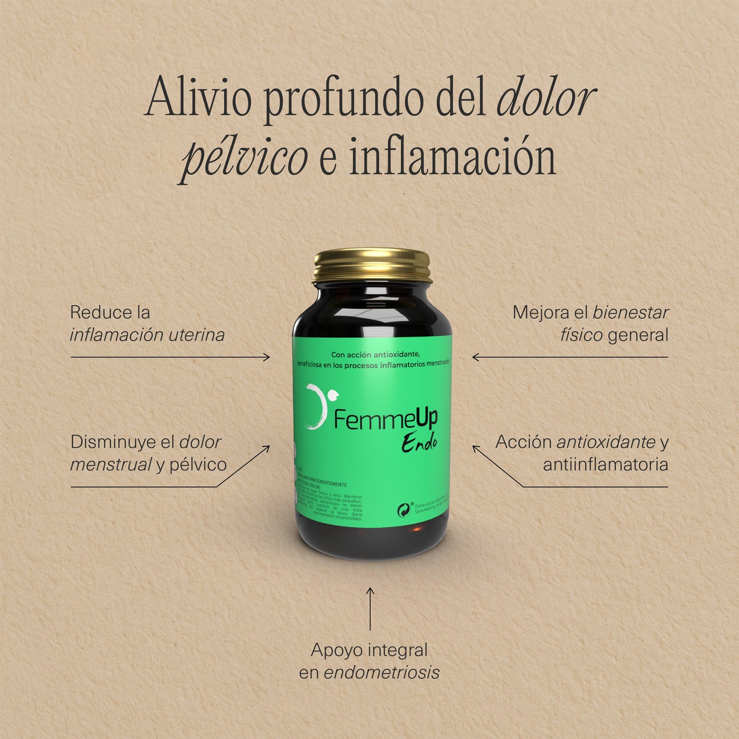 Cajas de cápsulas FemmeUp Endo de la marca Femmeup, con información técnica en la ficha visual.