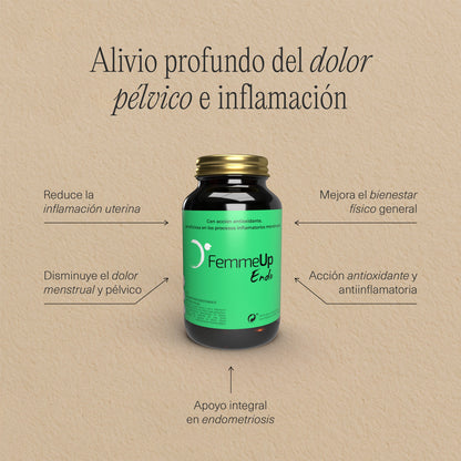 Cajas de cápsulas FemmeUp Endo de la marca Femmeup, con información técnica en la ficha visual.