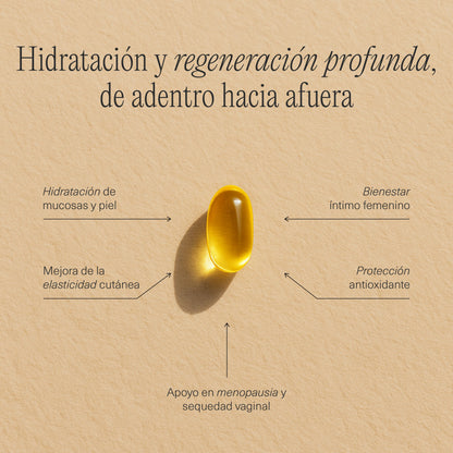 Cápsulas FemmeUp Oil de la marca Femmeup, imagen de fichas técnicas mostrando las cápsulas en una hoja con información técnica.