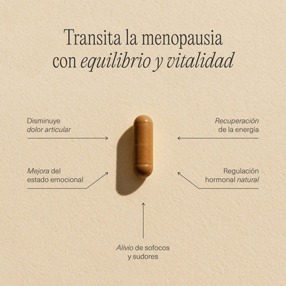 Ficha técnica de las cápsulas FemmeUp Plenipausia, suplemento natural para bienestar femenino.